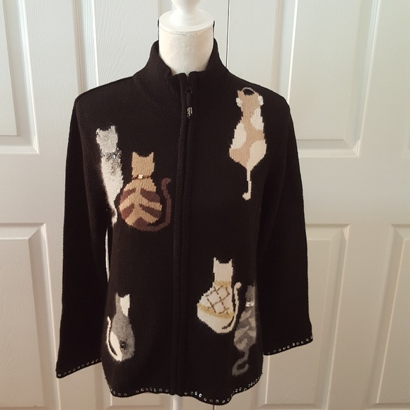 Coldwater Creek Zip Front Cat Sweater 